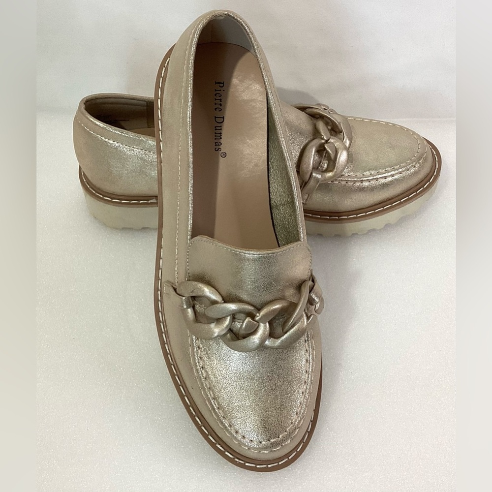 Pierre Dumas Woman’s Slip on Casual Loafer Size 10M Color Gold Chunky Platform